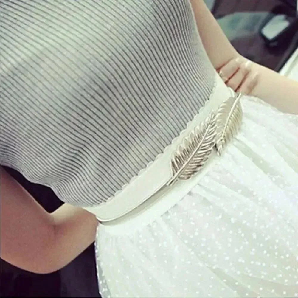 Elastic gold & silver leaf thin waistband belts bundle chain stretch